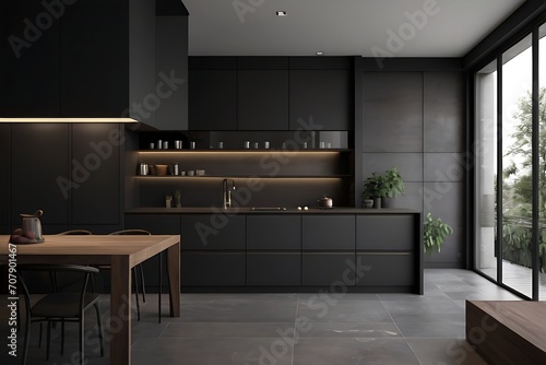 luxurious black modern kitchen interior