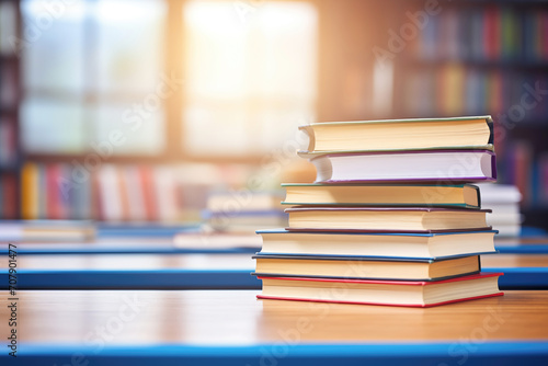 A photo of a neatly arranged stack of textbooks on a desk, set against a blurred background of a school library