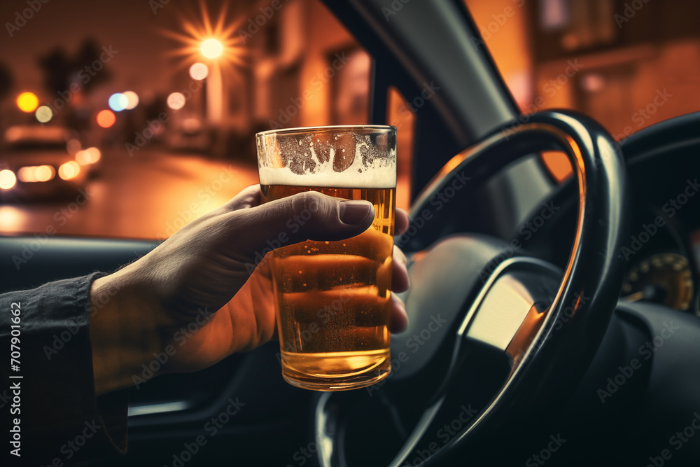 Drunk driver with beer: Illegal and dangerous on the road. - obrazy, fototapety, plakaty 