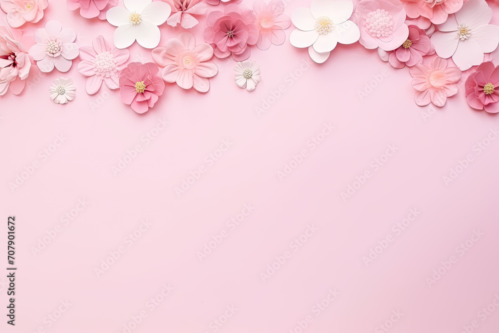 Banner with flowers on light pink background