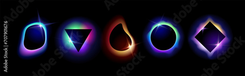 A set of shapes with blurred neon gradients, glowing geometric shapes with a holographic light blur effect on a black background. Trendy bright futuristic colorful with smooth gradient