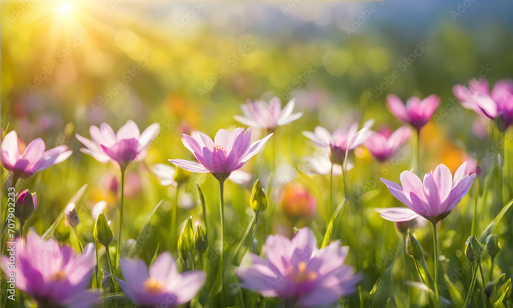 Sunny spring field: Vibrant flowers under the sun Sunny spring field: Vibrant flowers under the sun