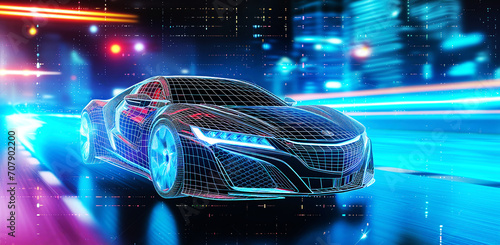 Futuristic sports car wireframe intersection with custom LED lights. Concept of machine learning, artificial intelligence and augmented reality.