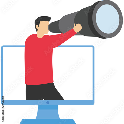 Curious man looking through binoculars. business development for search or development, research, web browsing. Trendy line vector character for web or ui design.

