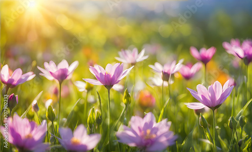 Sunny spring field: Vibrant flowers under the sun