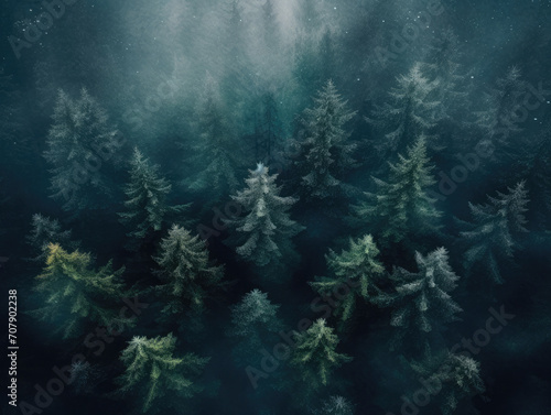 Pine forest in the fog. Moody mountain wood landscape. Aerial view. 