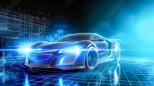 Futuristic sports car wireframe intersection with custom LED lights. Concept of machine learning, artificial intelligence and augmented reality. photo