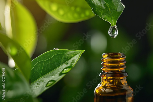 Essential oil, serum or water dropping from fresh green plant leaf to the cosmetic bottle or jar . close up