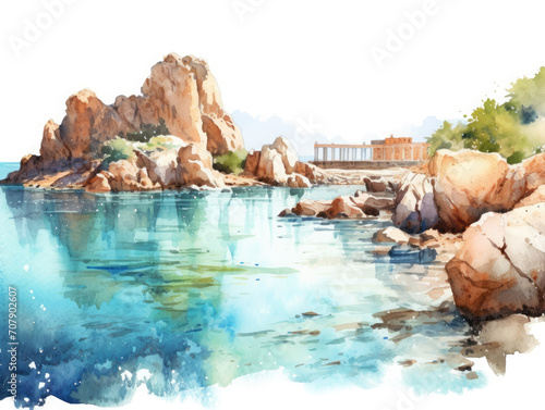 Sardinia watercolor postcard: coastal town on the seaside with rocky cliff facing turquoise waters 