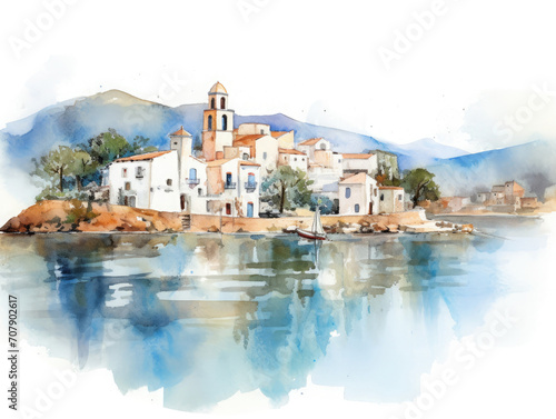 Watercolor illustration of a small marine town in Sardinia, Italy, facing the mediterranean sea. 