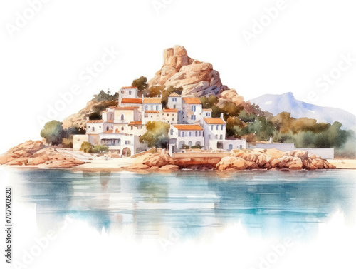 Watercolor illustration of a coastal town in Sardinia, Italy, build on a rocky beach facing the mediterranean sea