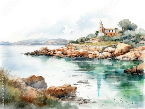 Marine town on the rocky coast of Sardinia, Italy facing turquoise waters. Watercolor postcard illustration