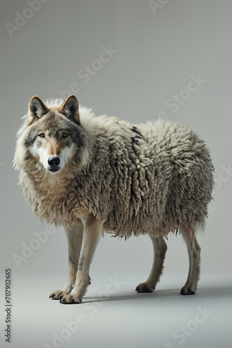 wolf in sheep's clothing isolated on grey studio background with copy space