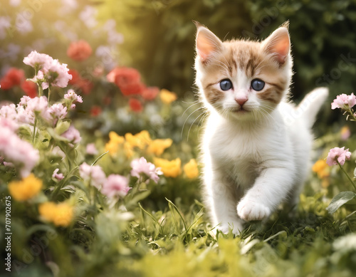 Kitten in the garden. Among the flowers. Frolicking and playing. Colorful flowers. Garden in spring.