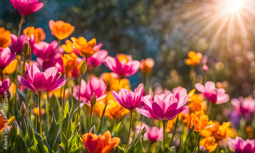 Obraz premium Sunny spring field: Vibrant flowers under the sun