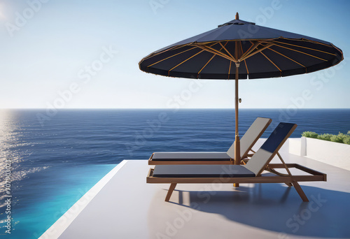 sun loungers under a beach umbrella overlooking the sea with copy space, ocean holiday concept,