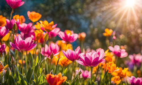 Sunny spring field  Vibrant flowers under the sun