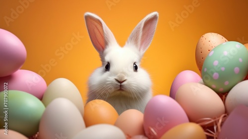 Little white bunny with fluffy fur and Easter eggs on a background, Easter or greeting card. © екатерина лагунова