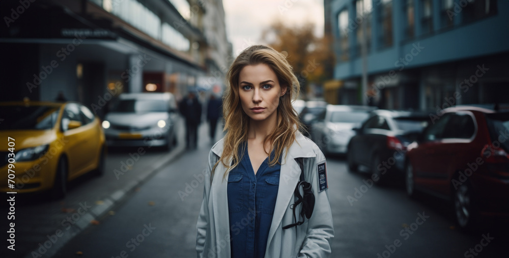 A German female doctor standing alone on a street