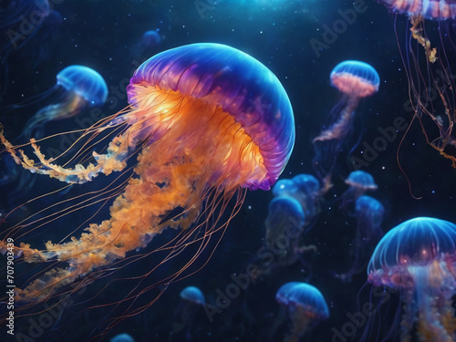 Glowing jellyfish swim deep in blue sea. Medusa neon jellyfish fantasy in space cosmos among stars - generated by ai