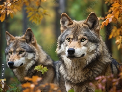 couple of wolves in the forest in autumn