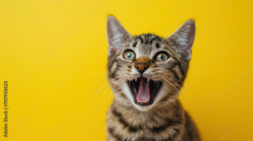 Crazy screaming cat on a yellow background, Cat with open mouth, space for text Crazy screaming cat on a yellow background, Cat with open mouth, space for text
