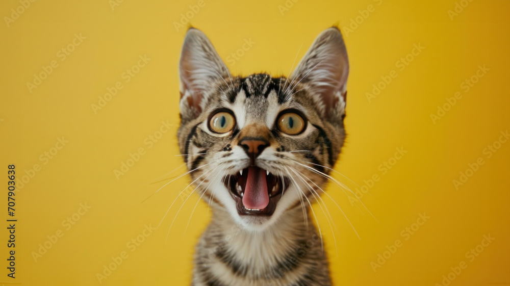 Crazy screaming cat on a yellow background, Cat with open mouth, space for text Crazy screaming cat on a yellow background, Cat with open mouth, space for text