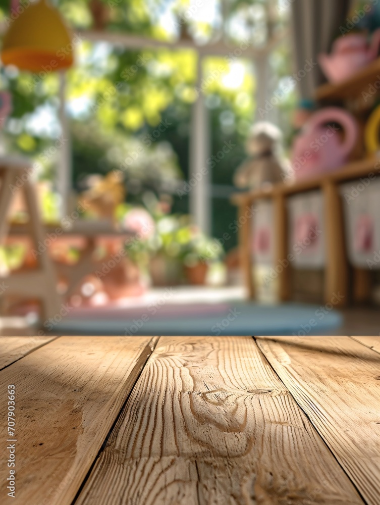 Obraz premium A vacant wooden table on a hazy background of a child's playroom with children's playthings on display.