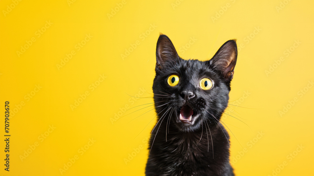 Crazy screaming cat on a yellow background, black Cat with open mouth, space for text