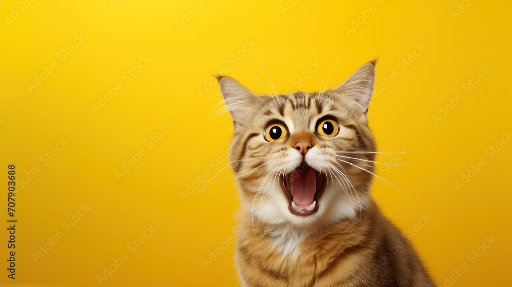 Mad screaming cat on a yellow background, red cat with open mouth, space for text