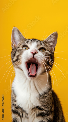 Crazy screaming cat on a yellow background, Cat with open mouth, space for text