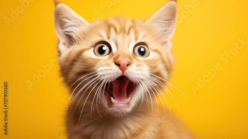 Mad screaming cat on a yellow background, red cat with open mouth, space for text © Irina B