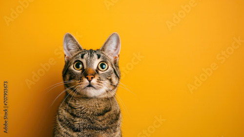 Mad screaming cat on a yellow background, Cat with closed mouth, space for text photo
