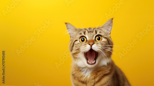 Mad screaming cat on a yellow background, red cat with open mouth, space for text