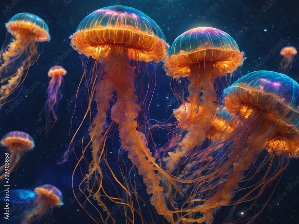 Glowing jellyfish swim deep in blue sea. Medusa neon jellyfish fantasy in space cosmos among stars - generated by ai
