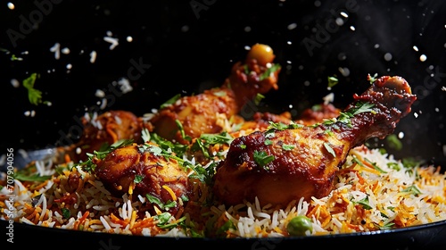 Savory Indian chicken biryani with flavorful spices, captured in a stunning food photograph against a dark backdrop.