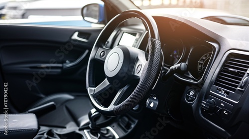 Contemporary vehicle interior featuring a media phone control buttons on the steering wheel, isolated on a white background. © ckybe