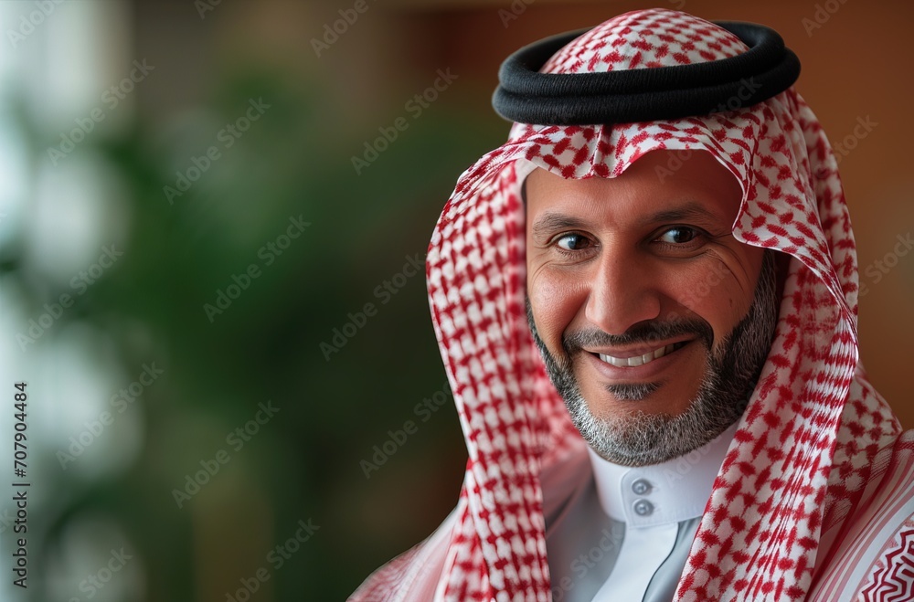 Senior business man from Saudi Arabia wearing hijab smiling and looking at camera Senior business man from Saudi Arabia wearing hijab smiling and looking at camera