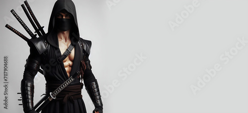 a photo of a japanese ninja assassin warrior with swords weapon and black ninja outfit. isolated on white studio background. posing with his body. ai generative © Malaika