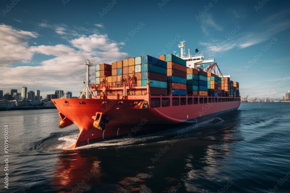 Fototapeta premium A container ship leaves the port generated AI