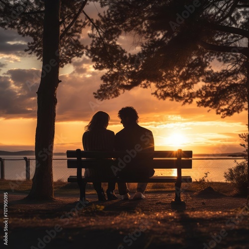Couple in love sitting on a park bench at sunset