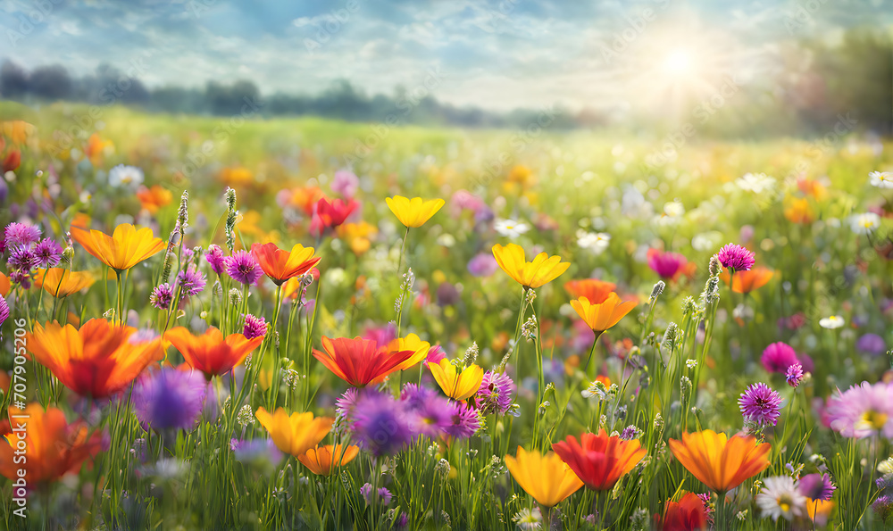 Sunny spring field: Vibrant flowers under the sun