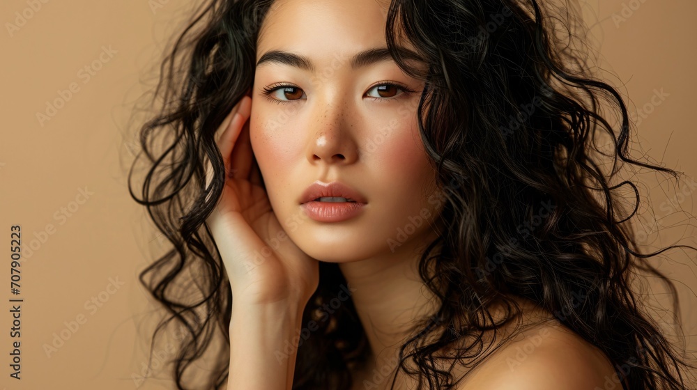 A gorgeous Asian woman with curly locks, Korean-inspired makeup, and flawless complexion holds out her hand on a neutral backdrop, highlighting her facial treatments and cosmetic enhancements. A gorgeous Asian woman with curly locks, Korean-inspired makeup, and flawless complexion holds out her hand on a neutral backdrop, highlighting her facial treatments and cosmetic enhancements.