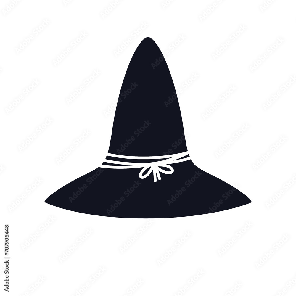 Fototapeta premium Black witch hat png. Hand drawn sticker of cone hat on white background 