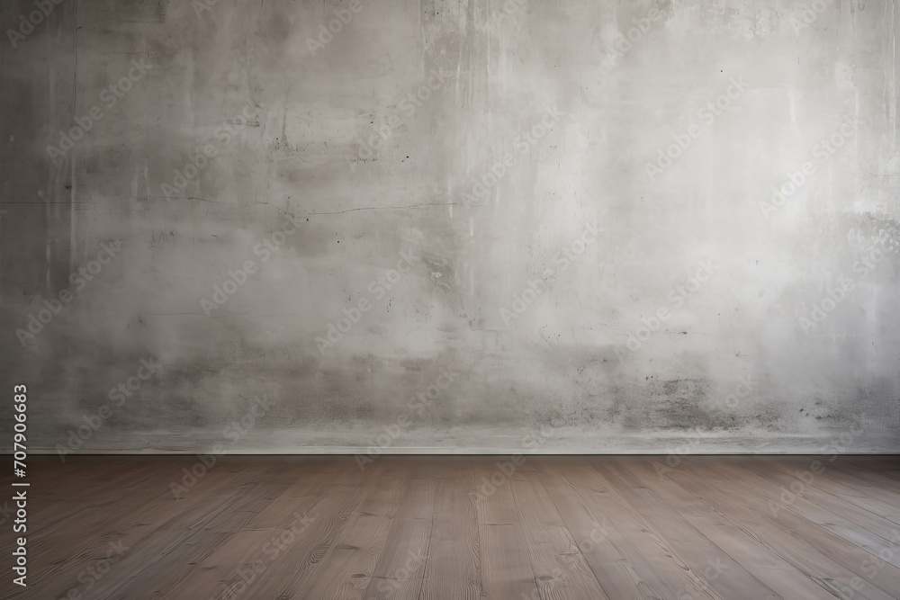 Gray concrete empty wall for your text or product product presentation with copy space, room mockup, brown parquet floor