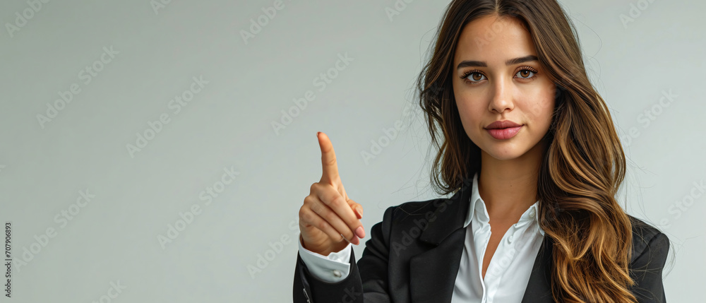 Chic young business leader making a point, charismatic and confident against a minimalist backdrop. Chic young business leader making a point, charismatic and confident against a minimalist backdrop.