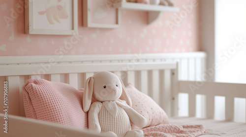 A pink nursery bedroom for a baby girl with tones of white, baby cot or crib and teddy, pregnancy, baby, newborn, toddler, motherhood, decor photo