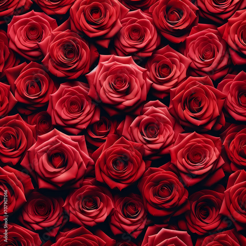 A full-frame photo of red roses for Valentine s Day without any green leaves. The image is filled with vibrant red rose petals  closely packed together