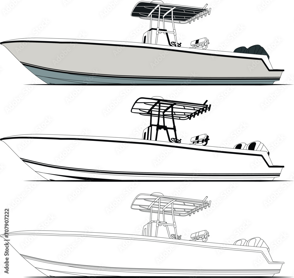 Boat vector, Side view fishing boat vector line art illustration