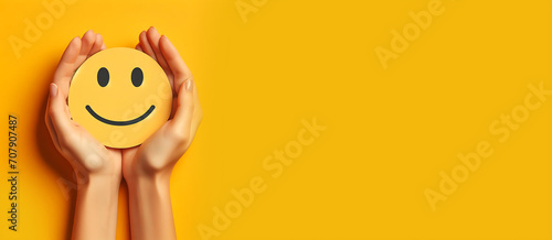 Hands holding happy smile face. mental health positive thinking and growth mindset concept.. on yellow backgroundcopy space. ai generative  photo